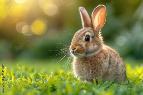 Cute little rabbit on green grass with natural bokeh as background during spring. Young adorable bunny playing in garden. © Irina Mikhailichenko