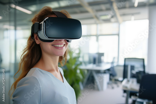 A smiling woman in a Modern Bright Office environment wearing a vr headset.
