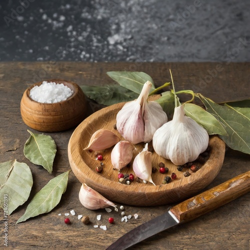 Nourishing Aesthetics: An Exquisite Culinary Symphony featuring an Array of Varied Spices, Fresh Vegetables, and Luscious Fruits, Presented Against a Rustic Backdrop. This Captivating Photo Setup Offe photo