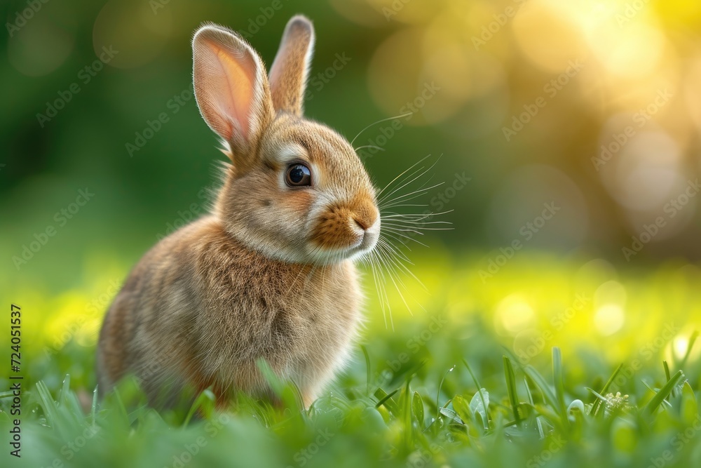 Cute little rabbit on green grass with natural bokeh as background during spring. Young adorable bunny playing in garden. Cute little rabbit on green grass with natural bokeh as background during spring. Young adorable bunny playing in garden.