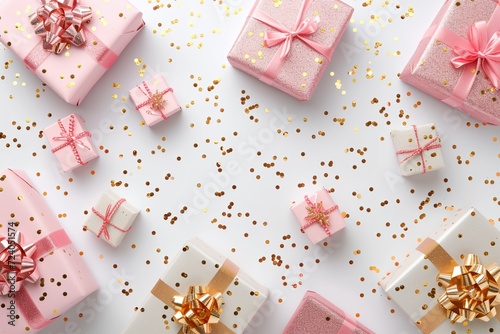 a group of pink and gold wrapped presents