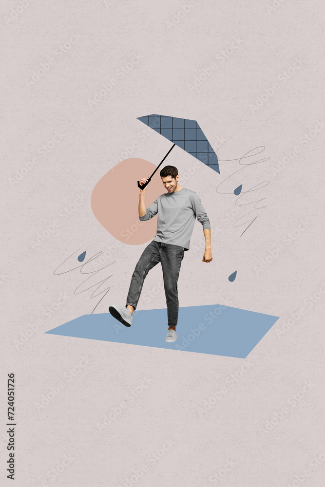 Creative vertical collage picture banner walking young man under rainy weather holding umbrella protected drops stormy gray background Creative vertical collage picture banner walking young man under rainy weather holding umbrella protected drops stormy gray background