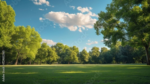 beautiful park on a green meadow with forests and trees in the background