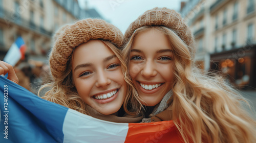 French cheerful woman friends holding a France flag on Paris city street