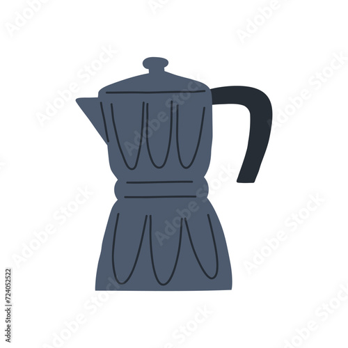Hand drawn moka pot, cartoon flat vector illustration isolated on white background. Cute traditional coffee making tool. Espresso pot, kitchen equipment.