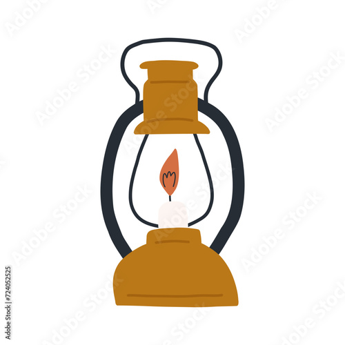 Old gasoline lantern with handle, cartoon flat vector illustration isolated on white background. Hand drawn kerosene lamp for camping.