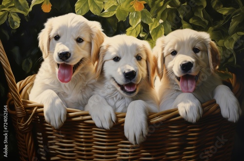 A basket brimming with playful golden retriever puppies, frolicking outdoors as they embody the pure joy and love of a beloved pet dog breed