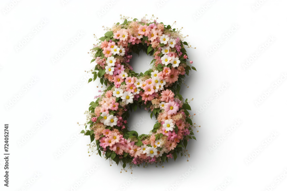 Number 8 made from flowering climbing blooming flowers isolated on solid white background. ai generative