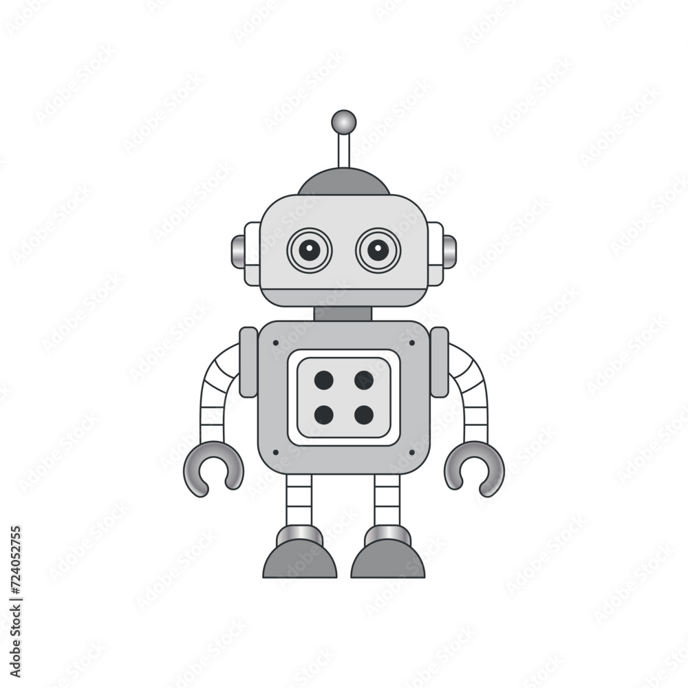 Little cartoon robot isolated on white background. Monochrome vector illustration witl black outline. Little cartoon robot isolated on white background. Monochrome vector illustration witl black outline.
