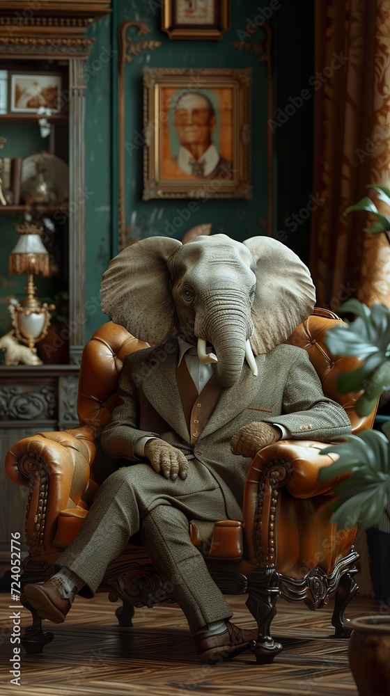 Fototapeta premium Funny animal , Elephant in Suit Pondering in Vintage Room