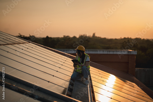 Wallpaper Mural Service engineer checking solar cell on the roof for maintenance if there is a damaged part. Engineer worker install solar panel. Clean energy concept. Torontodigital.ca
