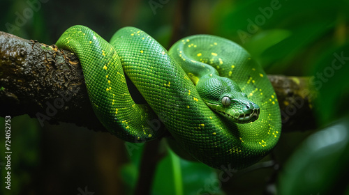 A lithe green tree python draped over the sturdy branch of a towering tree, its emerald scales blending seamlessly with the verdant foliage as it waits patiently for nightfall to b photo