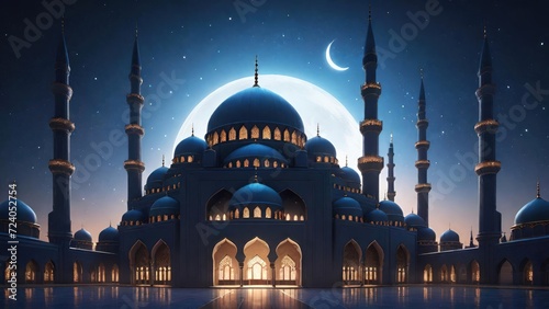 Big Mosque Silhouette Under Starry Night. Suitable for Ramadan concept, Islamic concept, Greeting card, Wallpaper, Background, Illustration, etc 
