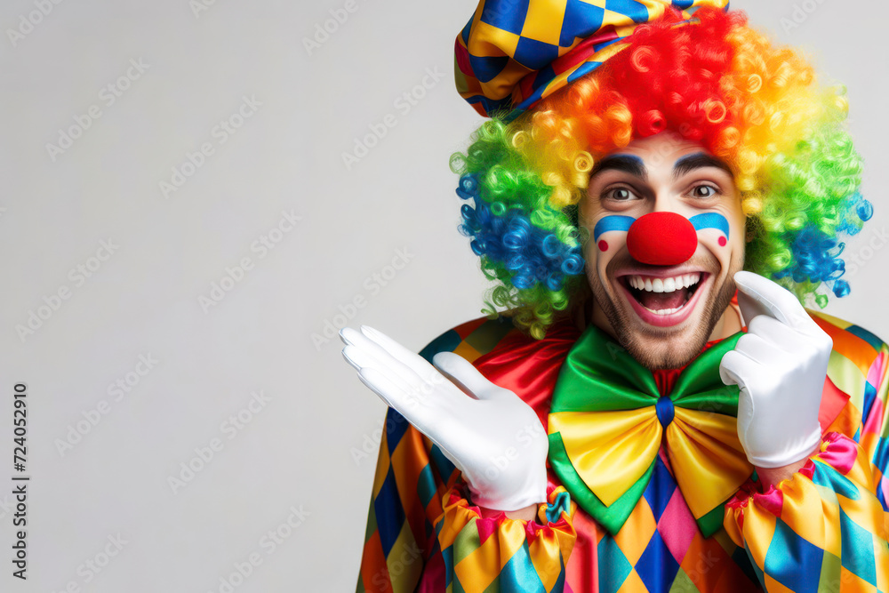 Portrait of a happy colorful clown isolated on solid white background. ai generative