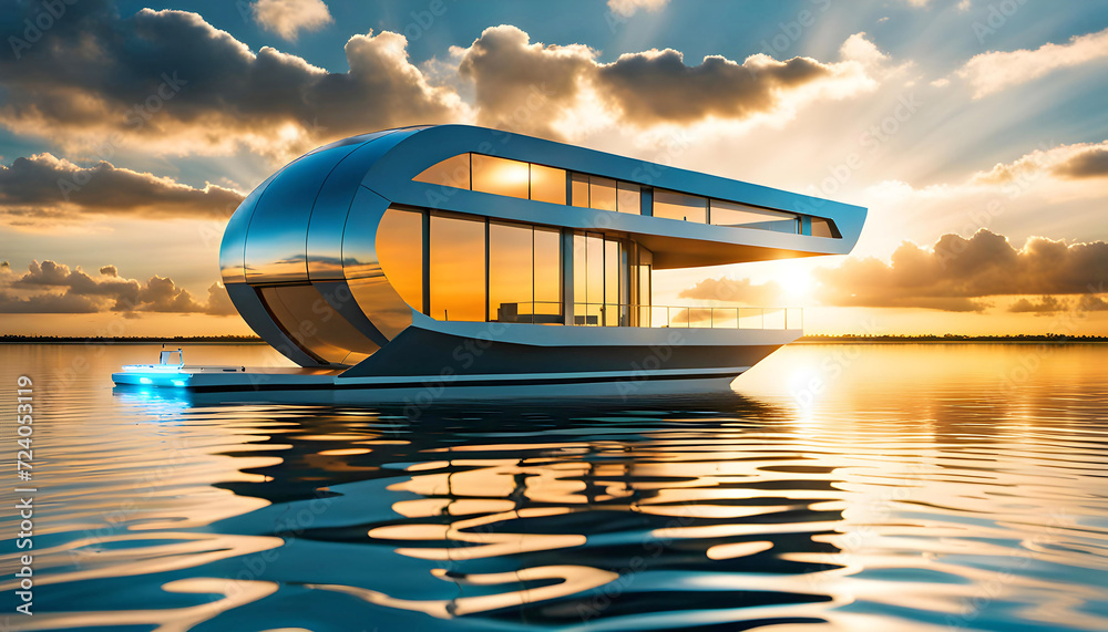 Futuristic eco-friendly smart home floating on water, concept of building modern floating houses Futuristic eco-friendly smart home floating on water, concept of building modern floating houses