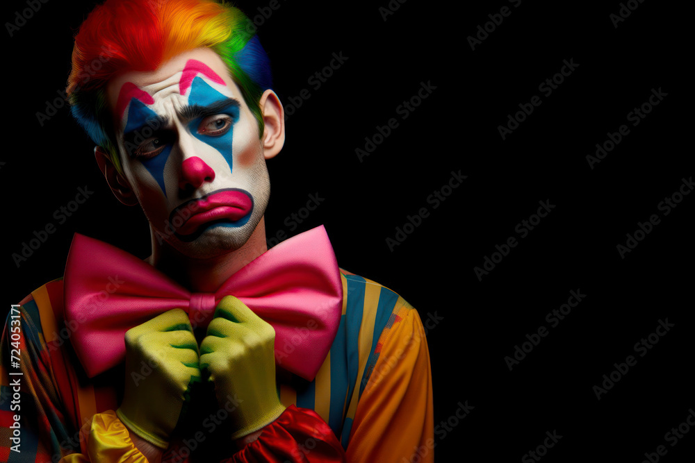 Portrait of a sad colorful clown isolated on solid black background. ai generative