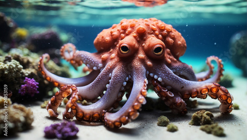 Wonderful ocean, underwater, full of colors and corals, with a very cute and detailed octopus