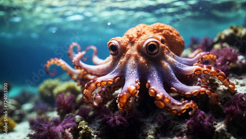 Wonderful ocean, underwater, full of colors and corals, with a very cute and detailed octopus