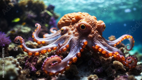 Wonderful ocean, underwater, full of colors and corals, with a very cute and detailed octopus