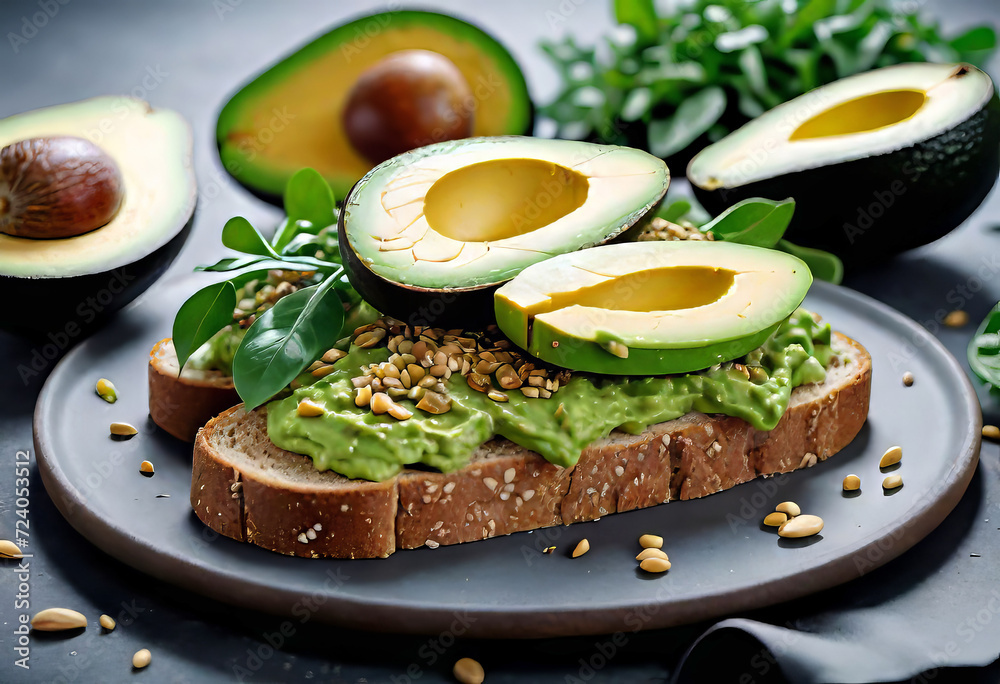 Avocado toast for breakfast or lunch with rye bread, sliced avocado, arugula, pumpkin and sesame seeds, salt and pepper, healthy and eco food concept, Avocado toast for breakfast or lunch with rye bread, sliced avocado, arugula, pumpkin and sesame seeds, salt and pepper, healthy and eco food concept,