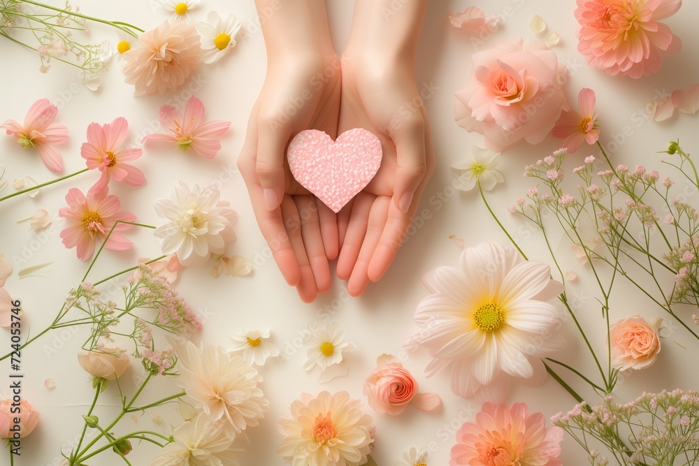 Valentine card in female hands on a floral background Artistic floral arrangement with hands creating a heartfelt symbol.