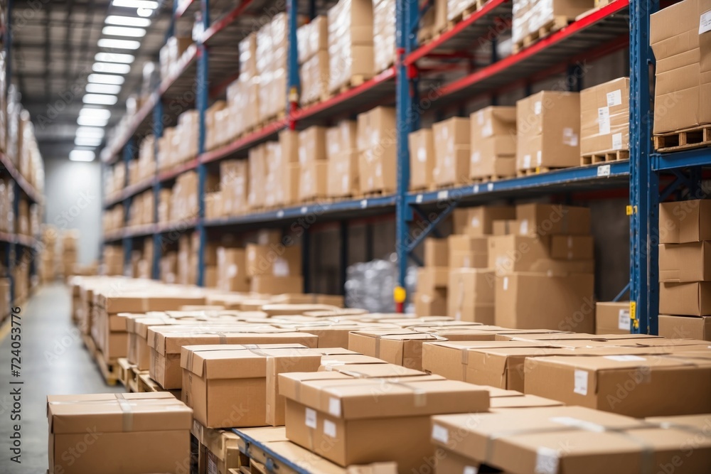 warehouse with card boxes products goods stock factory inventory storage area for background bokeh. ai generative warehouse with card boxes products goods stock factory inventory storage area for background bokeh. ai generative