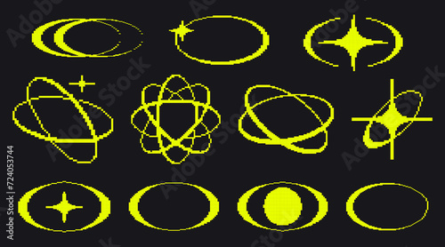 Trendy abstract figures collection of pixel art style. Collection of abstract graphic geometric symbols and objects in y2k style. Retro futuristic elements in 8 bit style