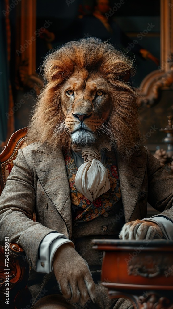 Funny animal, Lion in Velvet Jacket Seated at Office Desk