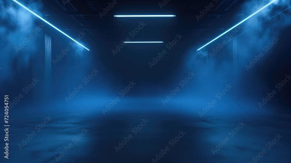 A dark empty street, dark blue background, an empty dark scene, neon light, spotlights The asphalt floor and studio room with smoke float up the interior texture. night view, generative ai