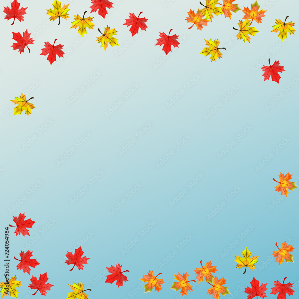 Red Leaves Background Blue Vector. Foliage Season Texture. Green November Leaf. Design Floral Design.