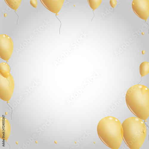 Golden Balloon Background Gray Vector. Confetti Congratulation Frame. Gold Streamers Balloon. Balloon Carnival Banner.