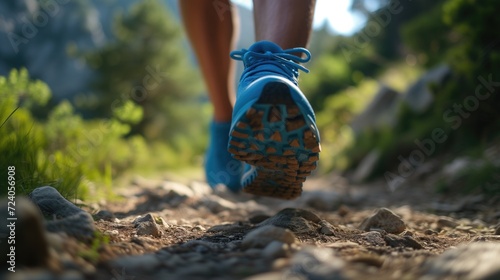 Female legs with sports shoes and backpack running on a trail mountain, Hiking in the mountains, close up, generative ai