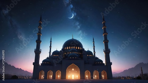 Starry Night Silhouette of a Big Mosque. Suitable for Ramadan concept, Islamic concept, Greeting card, Wallpaper, Background, Illustration, etc 