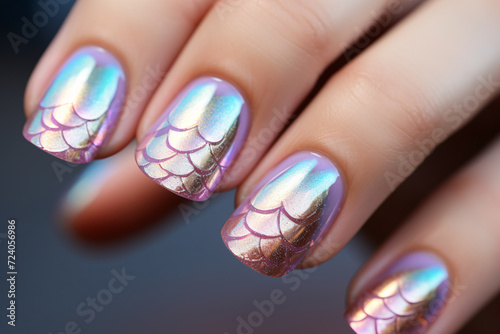 Beautiful woman's fingernails with metallic pastel colored nail polish with mermaid fish scales design