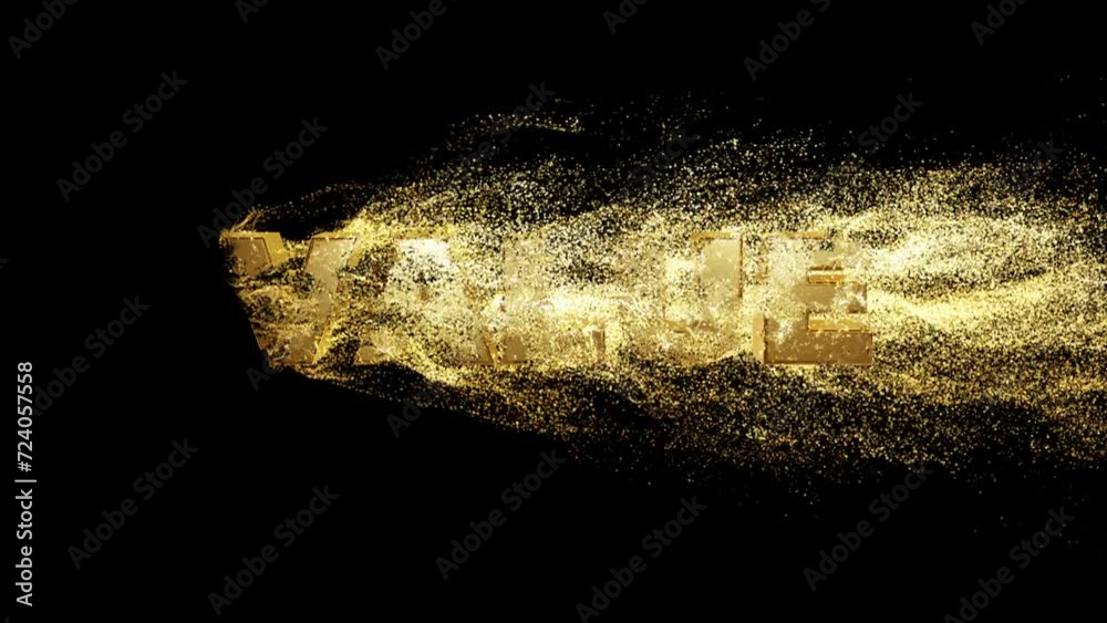 VALU realistic 3d gold text with particle dust effect on black background. fill letters with golden particles. 4k abstract Footage