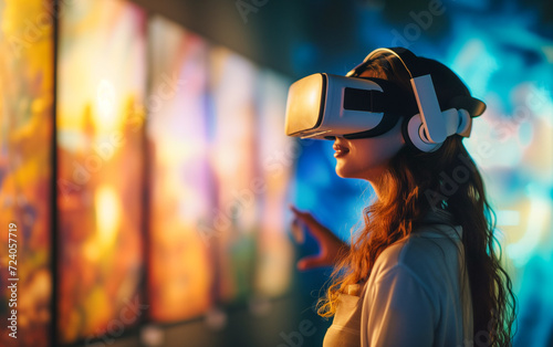 Young woman wearing a virtual reality headset using to visualize a art gallery, virtual museum tour concept