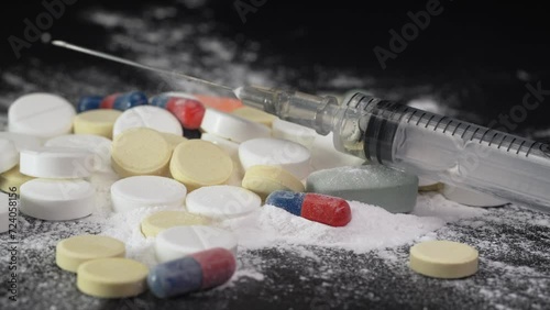 Syringe for injection and white powder cocaine powder and tablets, drugs concept and drug addiction