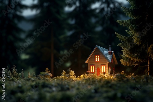 Miniature wood house in the forest at evening AI Generated