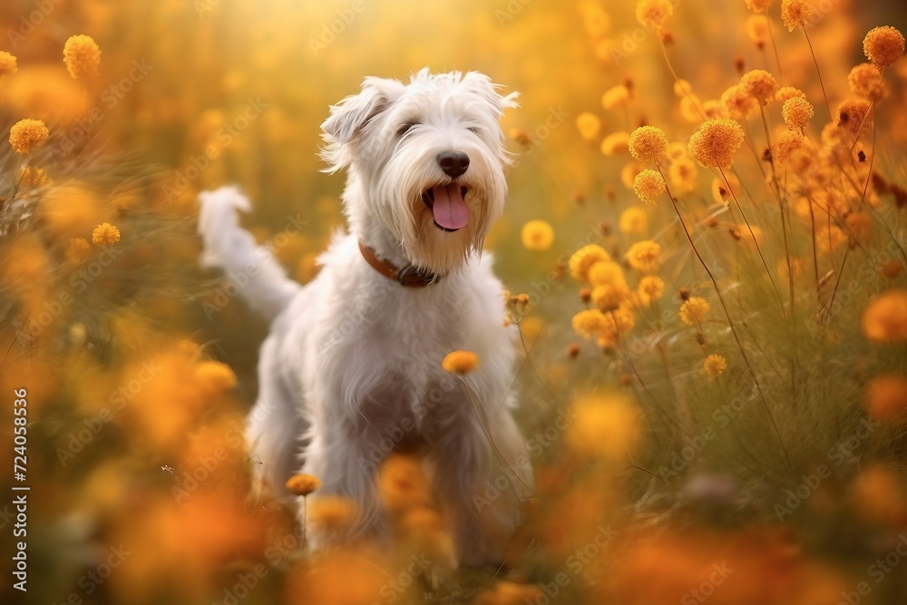 Sealyham terrier dog standing in meadow field surrounded by vibrant wildflowers and grass on sunny day ai generated
