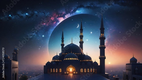 Silhouette of a Big Mosque Under Starry Night. Suitable for Ramadan concept, Islamic concept, Greeting card, Wallpaper, Background, Illustration, etc  © dreambender