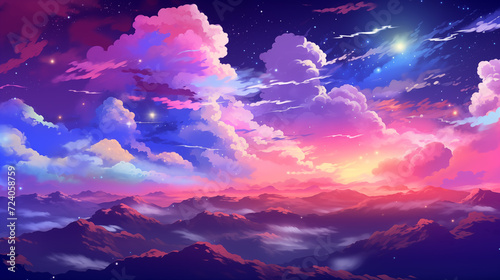 Hand drawn cartoon beautiful night sky scenery illustration background  © YU
