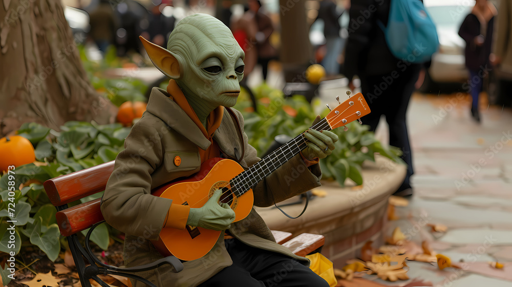 Harmonious Encounter: Alien Demonstrates Musical Talent Playing the Guitar in the Park.