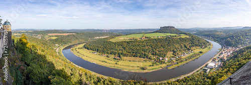 View of the table mountain and the river Elbe. Saxon Switzerland. Germany