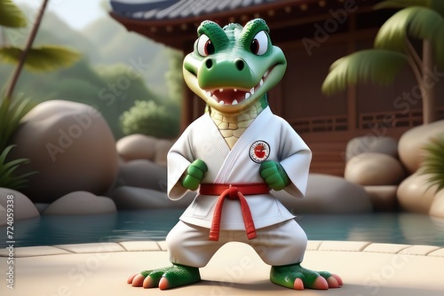Adorable 3d cartoon illustration crocodile in taekwondo uniform.Educational posters for Kids and children's book Illustrations concept,merchandise such as t-shirts, hoodies, or water bottles concept.