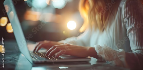 a close up of a female woman typing on her laptop, in the style of white, repetitive, modern