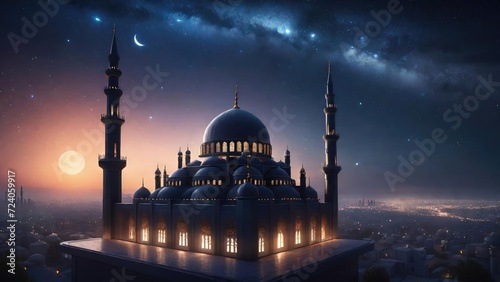 Silhouette of a Big Mosque in the Starry Night. Suitable for Ramadan concept, Islamic concept, Greeting card, Wallpaper, Background, Illustration, etc  © dreambender
