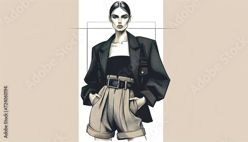 Stylized fashion illustration of an oversized blazer and high-waisted shorts with a bold belt for an elegant and modern vibe. Fashion concept. AI generated. photo