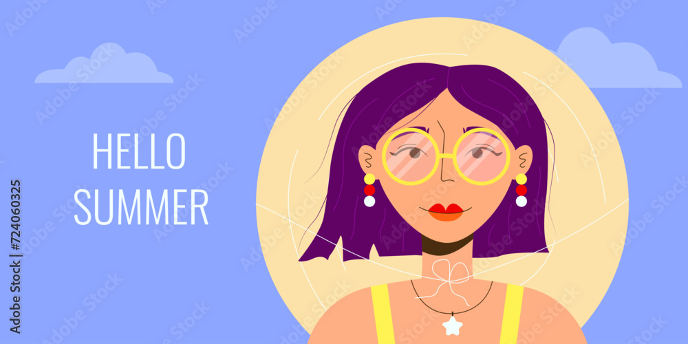 Banner of a girl with a bob in sunglasses and a straw hat on a seaside vacation. Vector illustration of vacation and travel concept