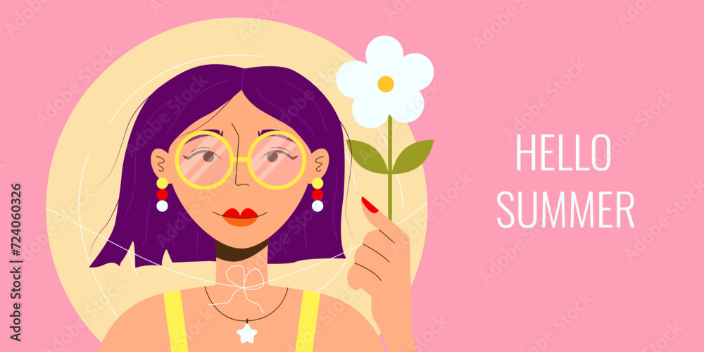 Banner of a girl with a bob in sunglasses and a straw hat holding a flower on vacation at the seaside. Vector illustration of vacation and travel concept. Summer memory. Banner of a girl with a bob in sunglasses and a straw hat holding a flower on vacation at the seaside. Vector illustration of vacation and travel concept. Summer memory.