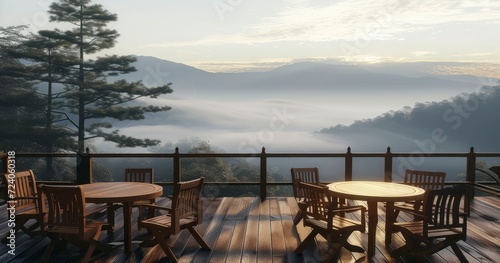 Tranquil Terrace with Wooden Tables and Chairs Overlooking Misty Mountains © Gasspoll
